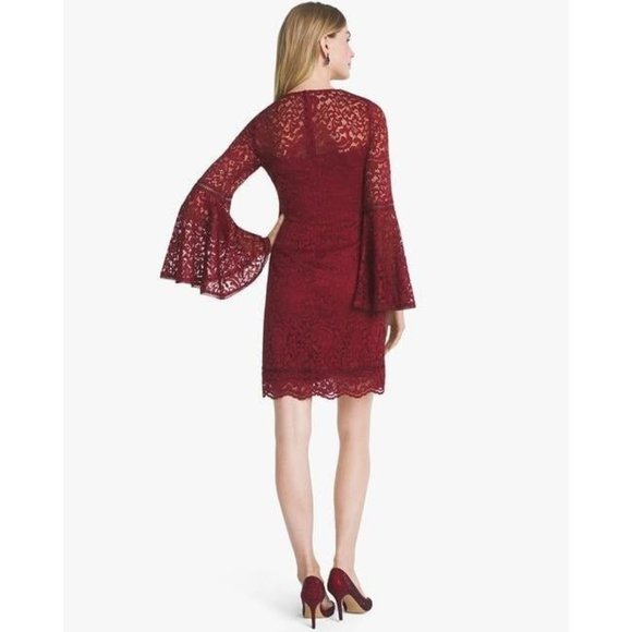 "WHITE HOUSE BLACK MARKET" RED BELL SLEEVES LACE COCKTAIL DRESS SZE: 4P NWT $200 - Picture 2 of 8